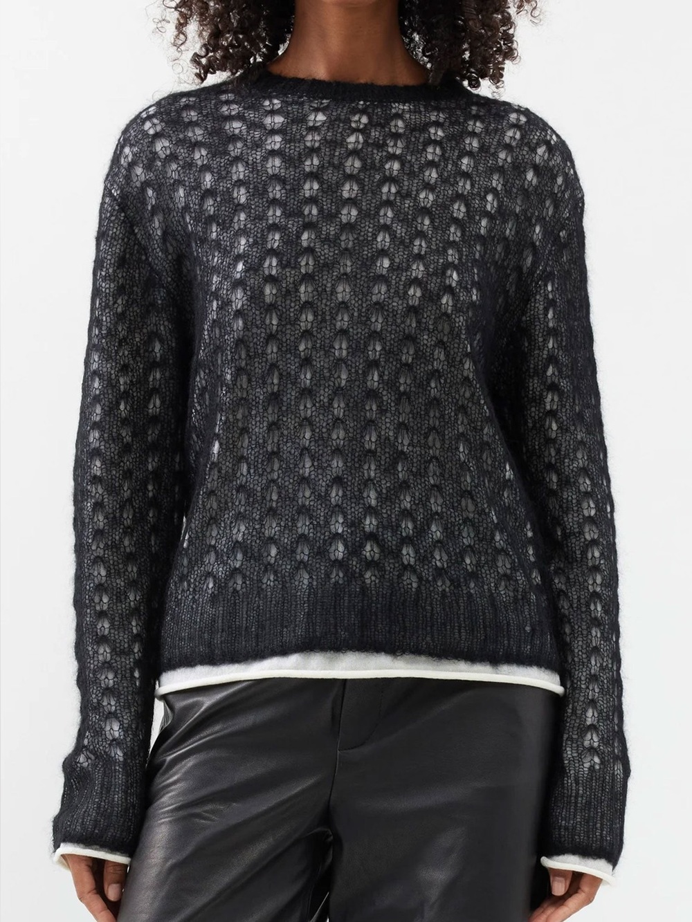 Pure cashmere Crew neck laced sweater in black and white